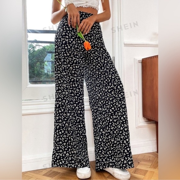 Ditsy Floral Wide Leg Pants Women's Black Side Zip Daisy Print Boho - Picture 3 of 8